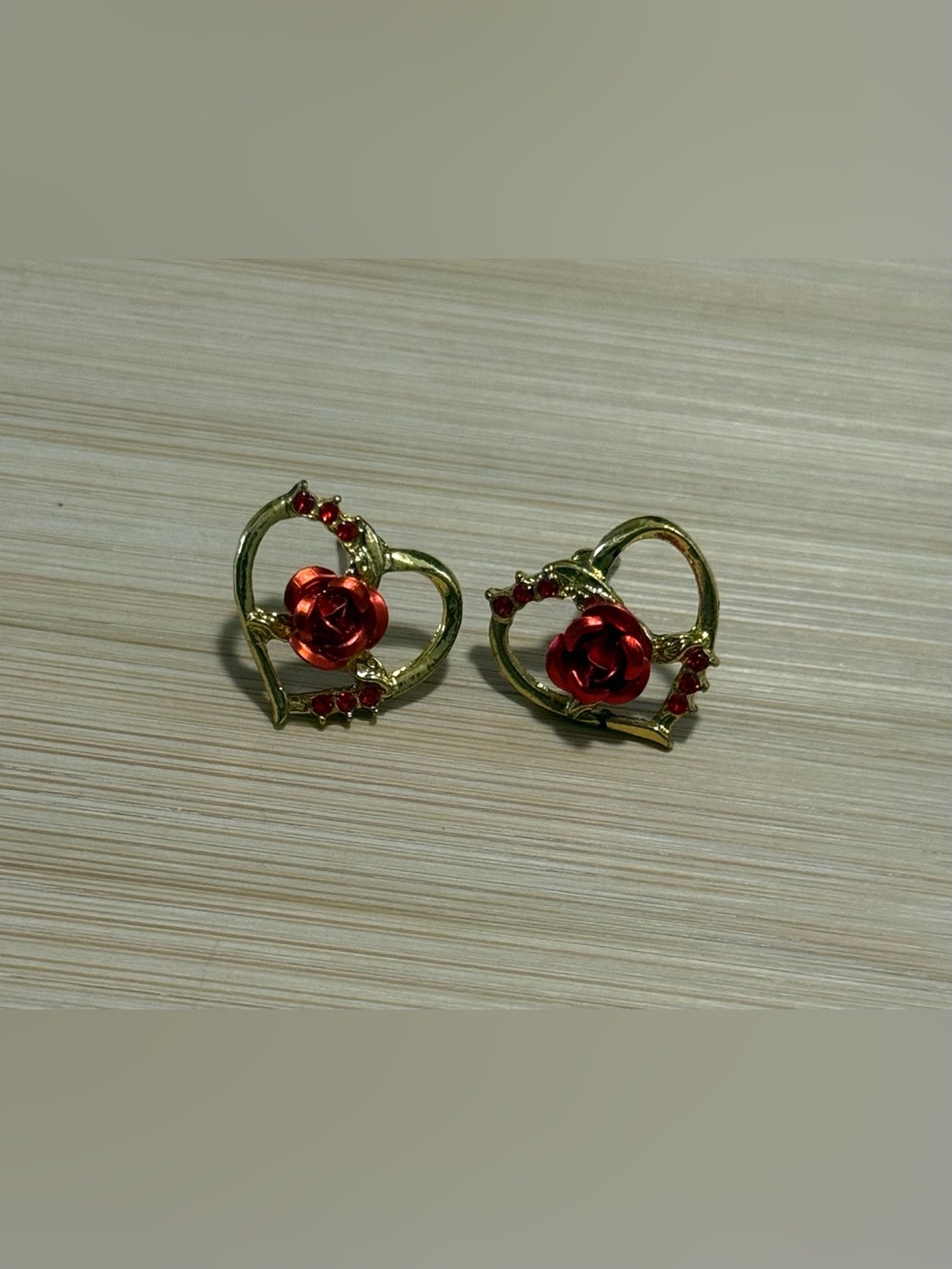 Gold Tone Heart Stud Earrings with Red Rose Accent